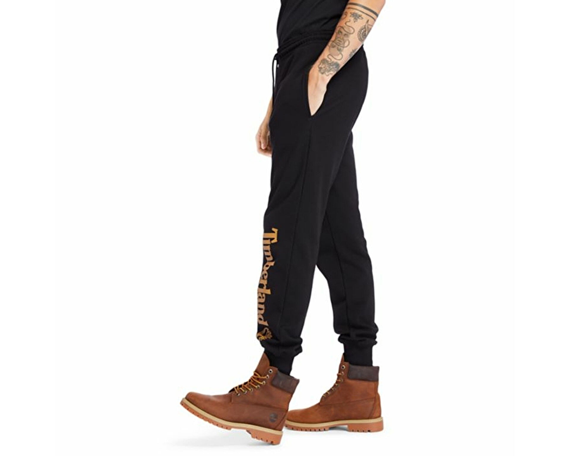 Timberlands and shop sweatpants